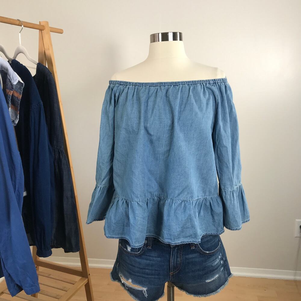 Cupcakes and Cashmere • Bishop Chambray Off The Shoulder Top
